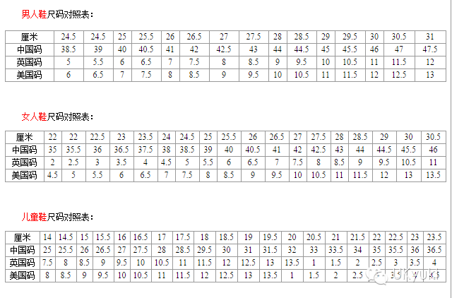 us尺码对照表图片